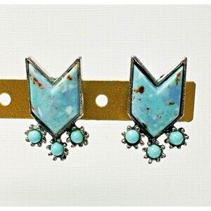 Chevron Faux Turquoise Silver Tone Earrings Vintage Southwest MCM Screwback